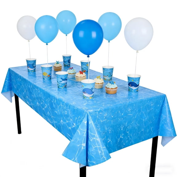 Lilixerw Blue Themed Disposable Tablecloth,Sea Ocean Underwater Design Birthday Party Decor,Stain Resistant Protective Plastic Rectangle Table Cover,54x108 Inch,Blue