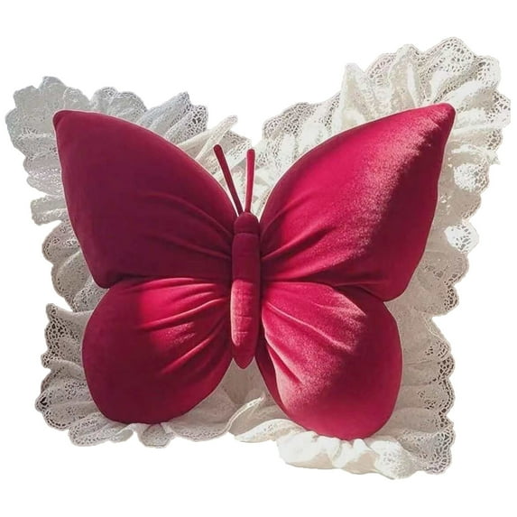 Lilixerw Butterfly Shaped Throw Pillow,Red Lace Plush Velvet Cushion for Sofa Bed Car Seat,Soft Lumbar Support & Decor,19.7x15.7in