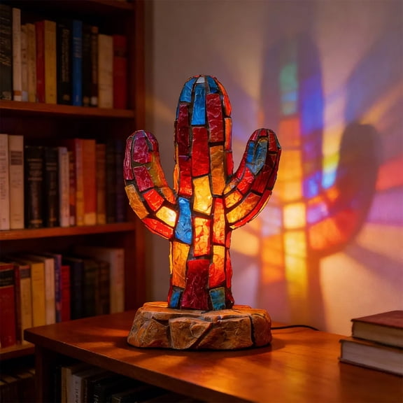 Lilixerw Cactus Stained Glass Lamp,Cute Animal Art Statue Night Light,3D Cactus Table Lamp,Retro Stained Resin Tabletop LED Night Light,Fun Gift for Family