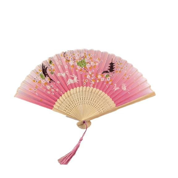 Lilixerw Chinese Classical Silk Folding Fan with Tassel Pattern,Handmade Antique Style Bamboo Ribbon Portable Fan for Wedding Party Performance,8.26x14.96x0.78 Inch