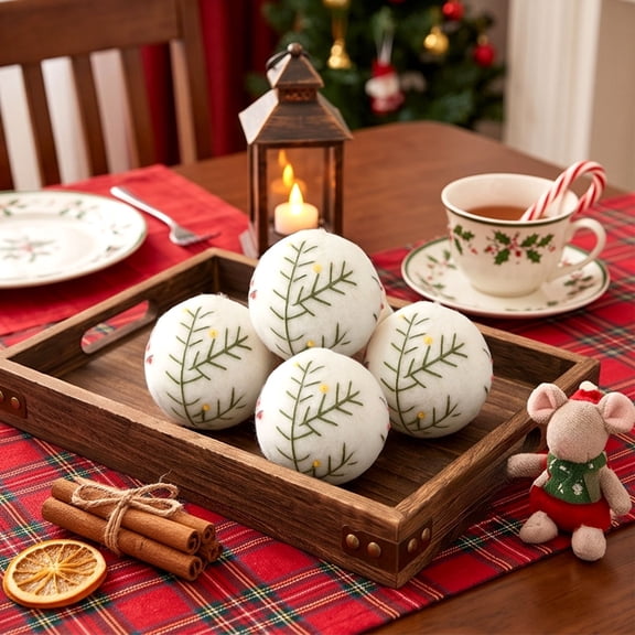 Lilixerw Christmas Ball Ornament, White Embroidered Pine Sprig with Yellow Dots 2.17 Inch Hanging Bauble for Xmas Tree Wreath Holiday Decorations