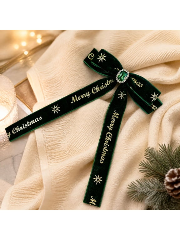 Christmas Bow Hair Clip, Green Long Tail Bow with Gold Lettering and Rhinestone, for Holiday Party Hair Styling Accessory Decoration