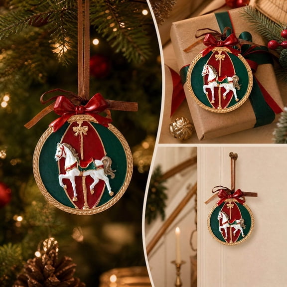 Lilixerw Christmas Carousel Horse Ornament Round Medallion Gold Rope Border Red Green Background White Horse Red Bow Brown Ribbon for Decoration