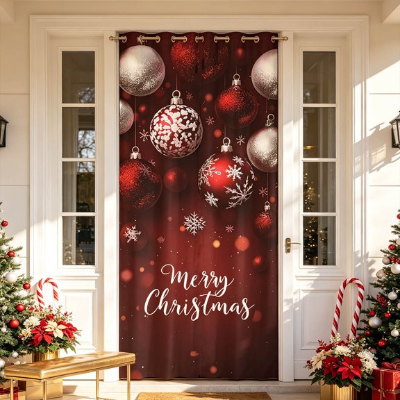 Lilixerw Christmas Door Cover Backdrop, 35.43 x 70.87 Inch Red Silver Baubles Merry Christmas Print Door Banner for Wall Living Room Party Holiday Decorations