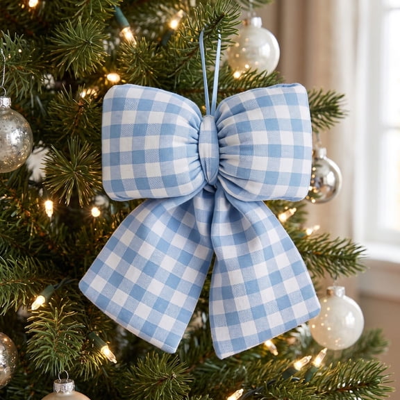 Lilixerw Christmas Gingham Bow, Blue White Checkered Velvet Hanging Bow with Long Tails, 12.99x11.41 inch, for Tree Wreath Garland Decoration