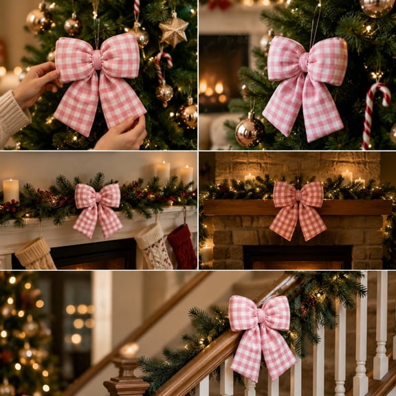 Lilixerw Christmas Gingham Bow, Pink White Checkered Velvet Hanging Bow with Long Tails, 12.99x11.41 inch, for Tree Wreath Garland Decoration