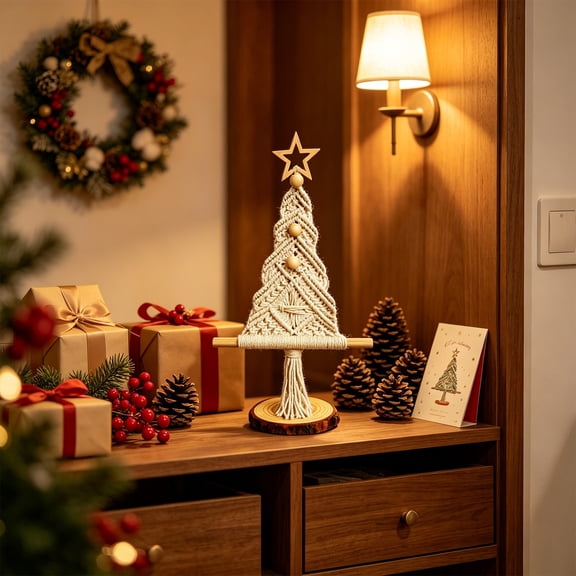 Lilixerw Christmas Macrame Tree Decoration Cream Knotted Cord Star Beads Wood Slice Base Tabletop Decor for Home Mantel Shelf Holiday Decoration