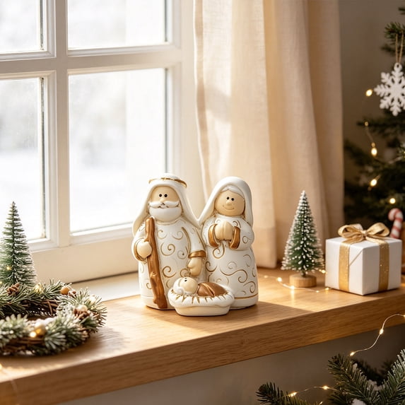 Lilixerw Christmas Nativity Figurine Cute Holy Family White Gold Baby Manger Tabletop Decor for Home Mantel Shelf Living Room Holiday Decoration