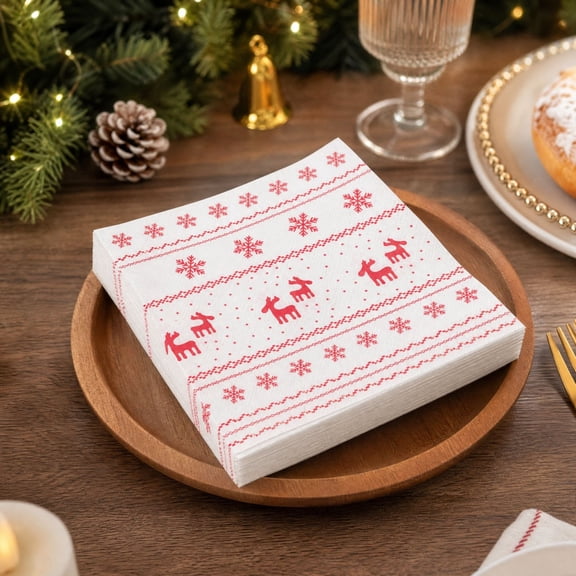 Lilixerw Christmas Paper Napkins, 20 Pcs Red Reindeer Snowflake Knit Print, 6.5 Inch Holiday Party Table Decoration