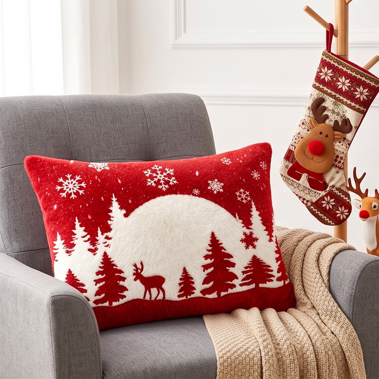 Fake Ruby Large Lilixerw Christmas Pillow Cover, Red Moon Deer Snowflake Faux 3D Style ...