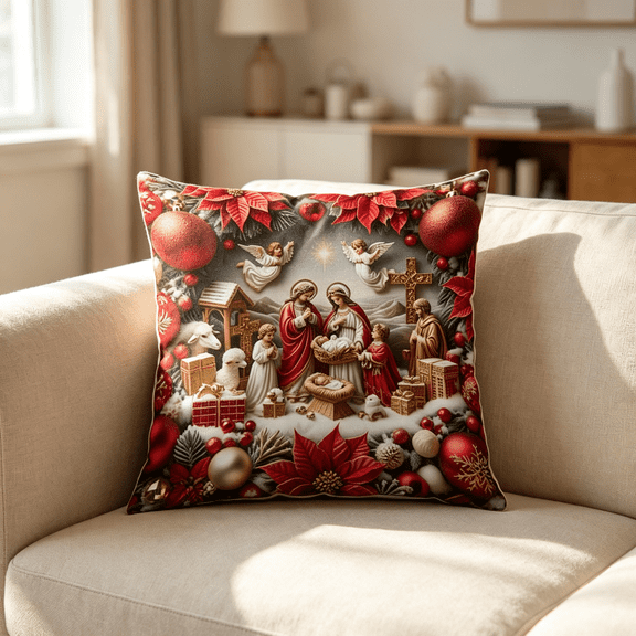 Lilixerw Christmas Pillow Cover, Red Nativity Scene with Angels Print, 17.72x17.72 inch Cushion Cover, for Sofa Bedroom Decoration