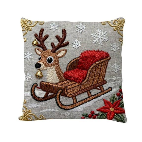 Lilixerw Christmas Pillow Cover,Red Xmas Reindeer Pattern Linen Cushion Cover for Sofa Decor,Xmas Home Decoration,with Embroidered Design,18 x 18 Inch