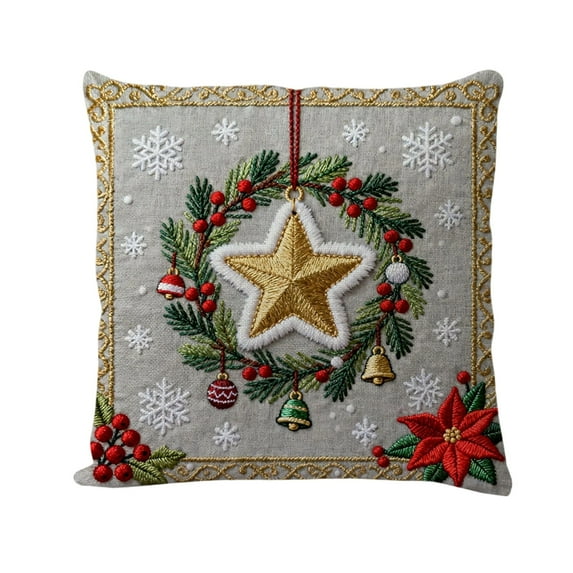 Lilixerw Christmas Pillow Cover,Red Xmas Wreath Pattern Linen Cushion Cover for Sofa Decor,Xmas Home Decoration,with Embroidered Design,18 x 18 Inch
