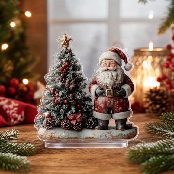 Lilixerw Christmas Santa Decoration, Smiling Figure With Snowy Tree 2D Acrylic Freestanding Desktop Ornament, 7.48x7.87in