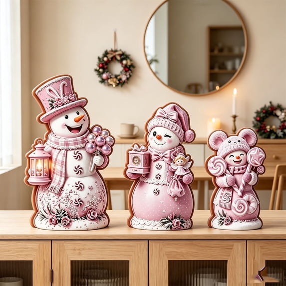 Lilixerw Christmas Snowman Figurine Set of 3 pink with Hats Scarves Christmas Tree Gingerbread for Shelf Mantel Holiday Seasonal Home Decoration
