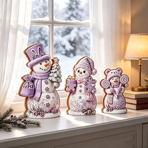 Lilixerw Christmas Snowman Figurine Set of 3 purple with Hats Scarves Christmas Tree Gingerbread for Shelf Mantel Holiday Seasonal Home Decoration