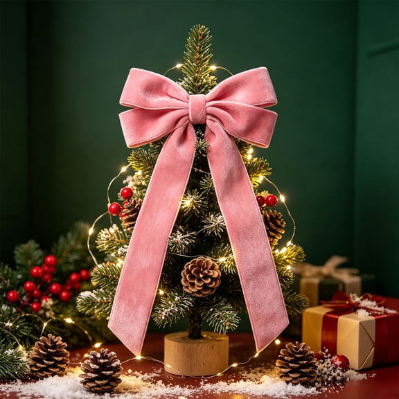 Lilixerw Christmas Velvet Bow, Soft Pink Long Tail Bowknot with Pointed Ends and Soft Nap, 10.24x5.12 inch, for Xmas Tree Wreath Swag Door Decoration