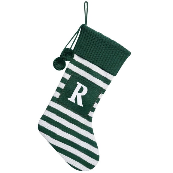 Lilixerw 16.5 Inch Initial Christmas Stocking,Monogram Christmas Stocking with Green and White Striped Embroidered Letter Decorations for Xmas Tree Fireplace Decor Christmas Ornaments(R)