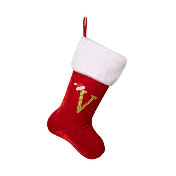Lilixerw 17.7in Monogram Christmas Stockings,with Letters Soft Plush Velvet Large Red Stockings for New Year Family Decor(V)