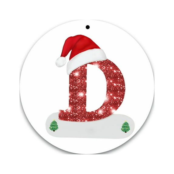 3.15 inch Round Acrylic Pendant Hanging Christmas Tree Decorations,26 Letters Christmas Ornaments Personalized Initial with Red Hat for Home Party Gifts(D)