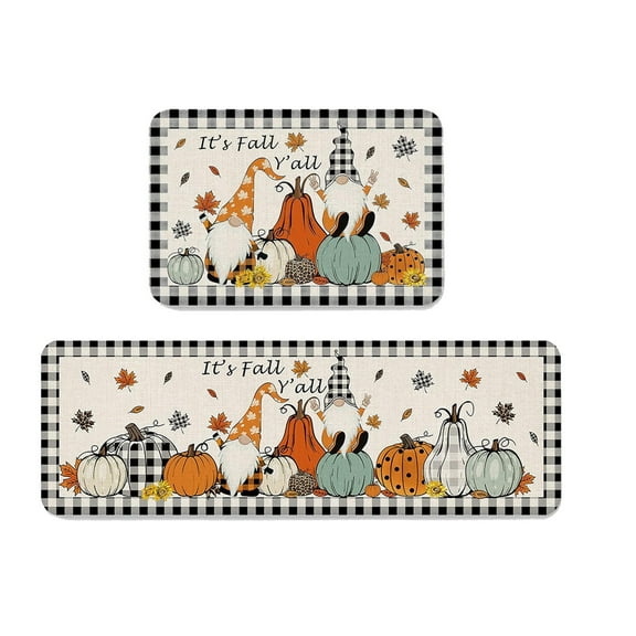 Lilixerw Buffalo Plaid Pumpkin Fall Kitchen Rugs Set of 2,Non Slip Absorbent Autumn Thanksgiving Kitchen Mats,Pumpkin Gnomes Kitchen Rugs and Mats Sets