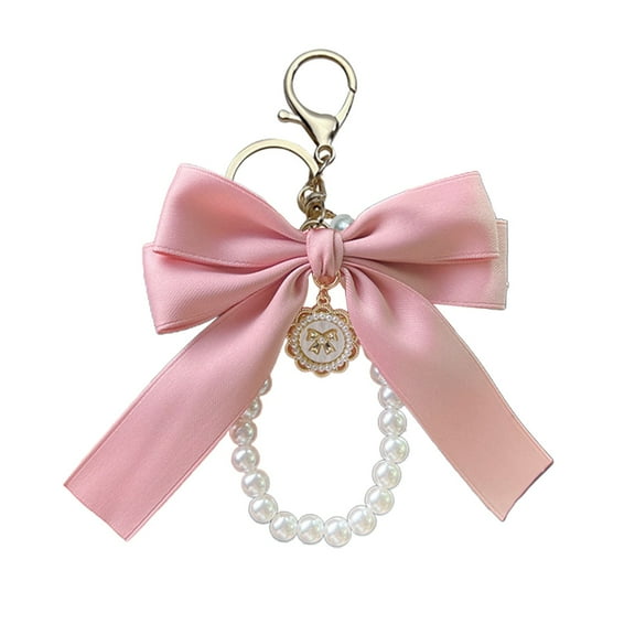 Lilixerw Pearl Bow Keychain Wistlet,Bowknot Keychains Wristlet,Tassel Bow-knot Keychain Bow Bag Charm Cute Car Key Ring,for Girls Women