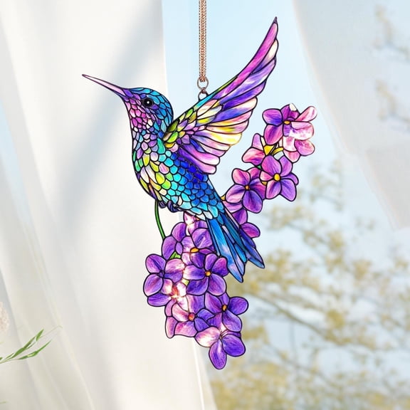 Lilixerw Colorful Hummingbird Flower Sun Catcher,Window Bird Pendant Garden Ornament,Stained Glass Art Hanging Decor,Outdoor Indoor Gift for Home,Patio,Balcony,5.9 Inch,Multicolor