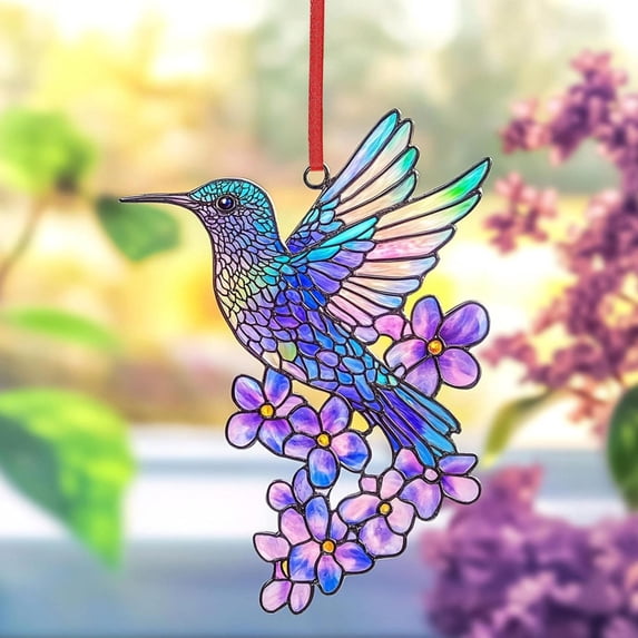 Lilixerw Colorful Hummingbird Flower Sun Catcher,Window Bird Pendant Garden Ornament,Stained Glass Art Hanging Decor,Outdoor Indoor Gift for Home,Patio,Balcony,5.9 Inch,Multicolor