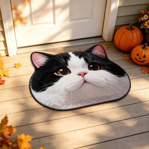 Lilixerw Cute Black White Cat Head Doormat, Tuxedo Kitty Face Shaped Rug, 15.74x23.62 Inch Non Slip Mat, for Bathroom Bedroom Home Decoration