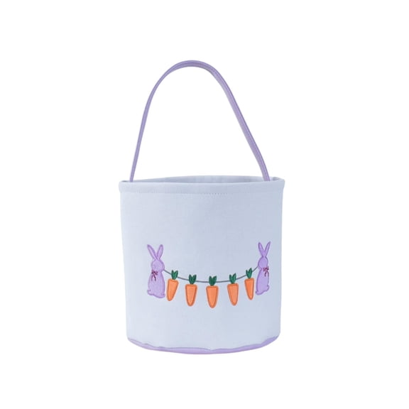 Lilixerw Easter Canvas Bunny & Carrot Print Basket with Handle,Easter Egg Hunt Basket for Candy Eggs,Easter Party Gift,Portable & Foldable,8.86x9.06 Inch,Purple