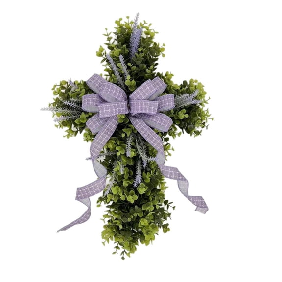 Lilixerw Easter Cross Wreath Door Hanging Decor with Purple Bow,Festive Plastic Greenery Wreath for Front Door,Wall,Church,Year-Round Holiday Decor,Easter Home Decoration Gift,15.75 Inch,Green