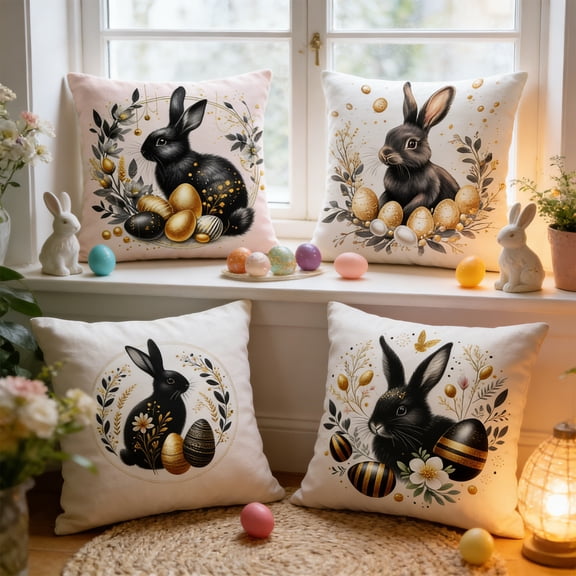 Lilixerw Easter Cute Bunny Pattern Pillow Covers 4-Pack,Vintage Bunny Egg Print Decorative Throw Pillow Cases,Soft Breathable Spring Home Living Room Bed Set Decor,17.72x17.72 Inch