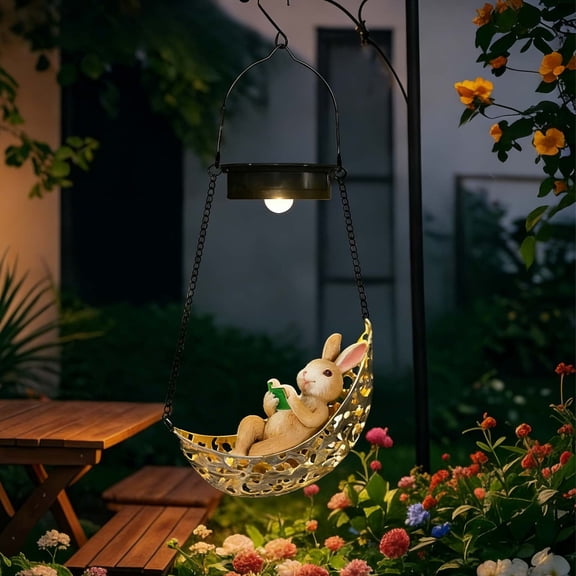 Lilixerw Easter Solar Light Resin Rabbit Lying Outdoor Statues,with LED Lantern,Waterproof Hanging Bunny Figurine Light with Hook for Easter Yard Garden Decoration,Yellow