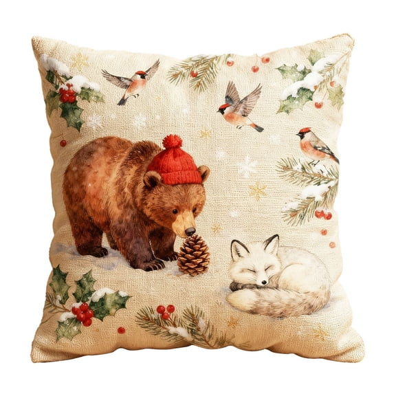 Lilixerw Embroidery Christmas Pillow Covers Cartoon Animal Bear Fox Print Cotton Linen Decorative Throw Pillow Cover,Cushion Cover 18x18 Inch
