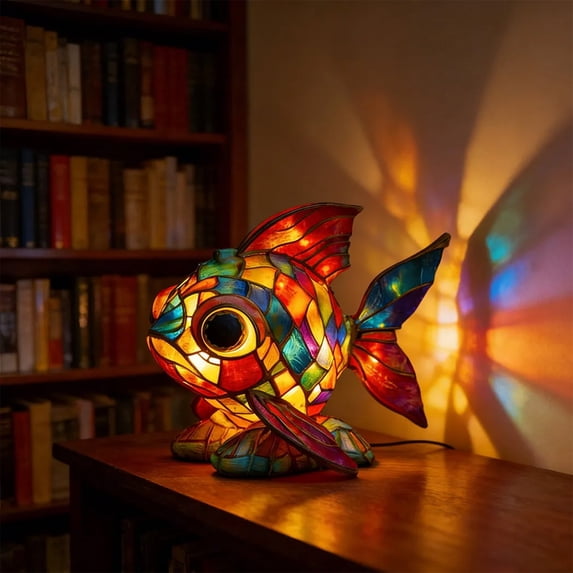 Lilixerw Fish Stained Glass Lamp,Cute Animal Art Statue Night Light,3D Fish Table Lamp,Retro Stained Resin Tabletop LED Night Light,Fun Gift for Family