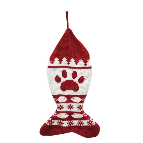 Lilixerw Fish-shaped Knitted Pet Stocking,Cute Pattern Christmas Sock for Dog Cat,17x11in Gift Bag for Xmas Tree Hanging,Fireplace Party Decor