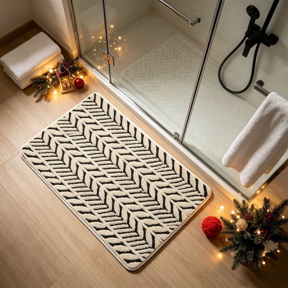 Lilixerw Fuzz Floor Rug, Black and White Herringbone Leaf Pattern Indoor Carpet Mat, 23.62x15.74 in, Decoration, for Entryway Kitchen Bathroom Bedroom Decor