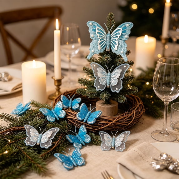 Lilixerw Glitter Butterfly Clips 10 Pack, Mesh Tulle Artificial Butterflies 11.02x7.28x0.79 inch, for Christmas Tree Wreath Garland Wedding Decoration