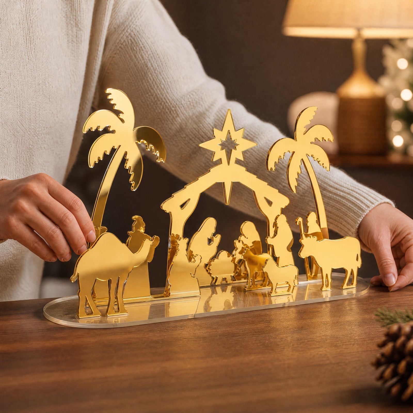 Lilixerw Gold Nativity Scene Figurine, Acrylic Mirror Tabletop Decor ...