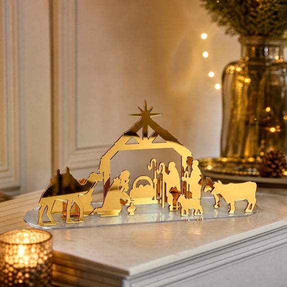 Lilixerw Gold Nativity Scene Figurine, Acrylic Mirror Tabletop Stable Decor on Clear Base, Compact Tabletop Manger Scene for Christmas Mantel Home Decorations