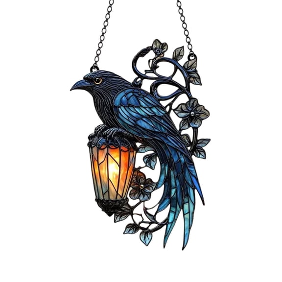 Lilixerw Gothic Crow Suncatcher Hanging Ornament,Handmade Stained Crow Pendant,Reflective Light for Window Wall Festival Party Decor,5.9 Inch
