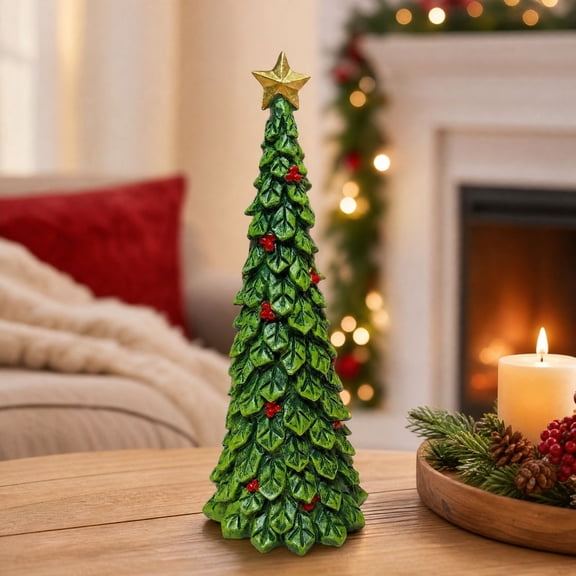 Lilixerw Green Holly Leaf Christmas Tree Figurine Gold Star Red Berries Tall Cone Layered Leaves Veins for Table Mantel Shelf Centerpiece Decoration