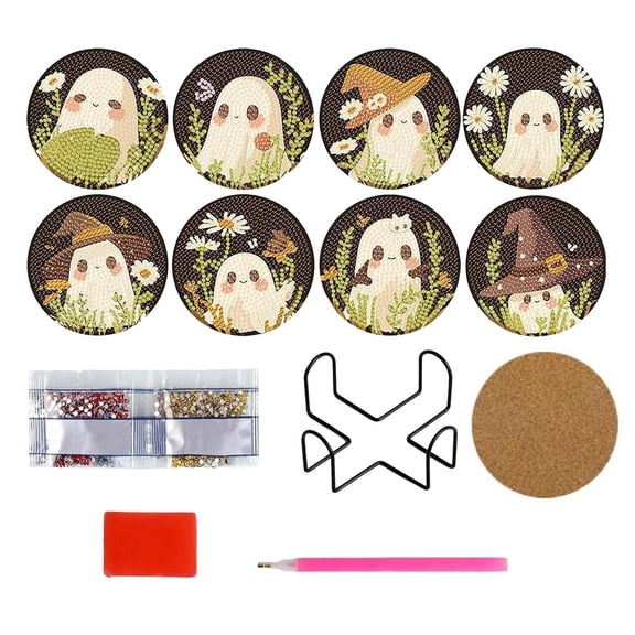 Lilixerw Halloween 8 Pack DIY Round Coaster Decoration, Cute Ghost Diamond Art Coaster Kit with Storage Rack, for Table, Counter, Bar and Party, 3.94 inch