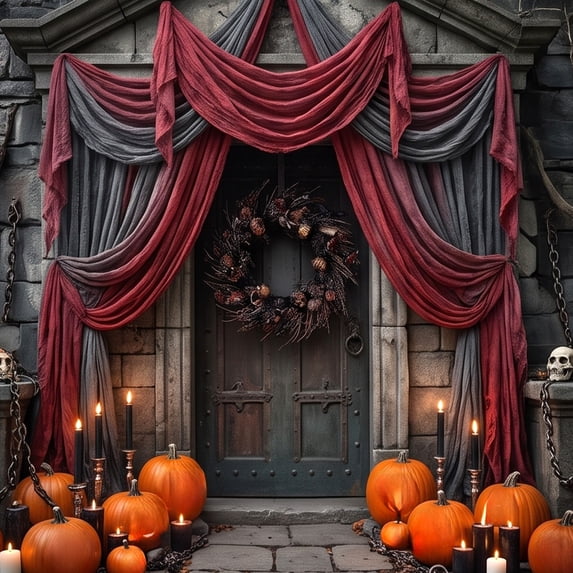 Lilixerw Halloween Creepy Gauze Table Runner, Red‑Black Tone Crinkle Fabric Drape, for Table, Mantel, Doorway and Party Setup, 35.43x70.86 inch, 2 Pack