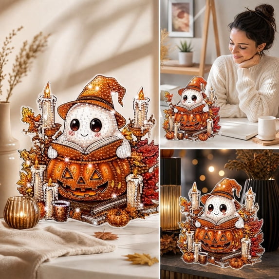 Lilixerw Halloween Diamond Art Hanging Ornament Decoration, Ghost Reading Pattern Wall Hanging Sign with Chain, for Door, Porch and Wall Display, 8 inch