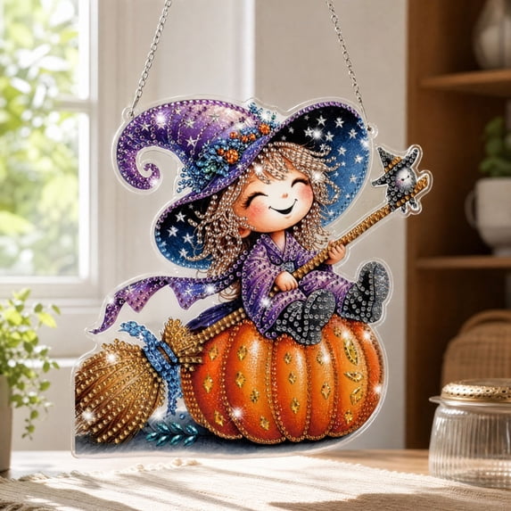 Lilixerw Halloween Diamond Art Hanging Ornament Decoration, Witch On Broom Pumpkin Pattern Wall Hanging Sign with Chain, for Door, Porch and Wall Display, 8 inch
