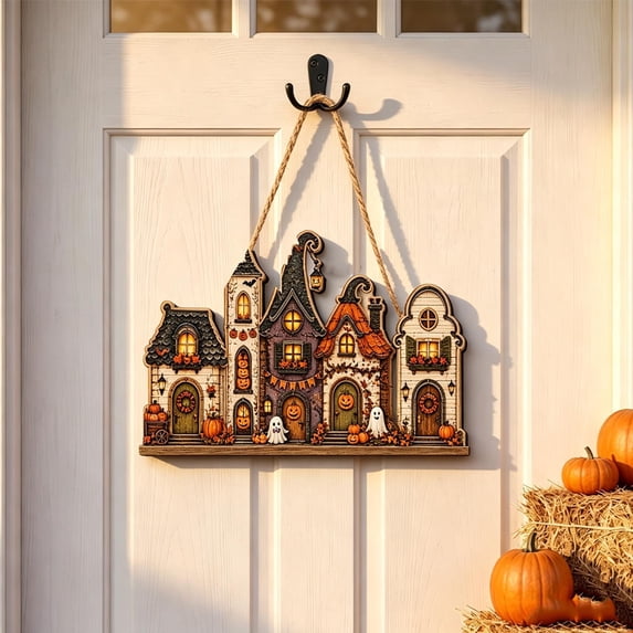Lilixerw Halloween Haunted House Wooden Hanging Sign Decoration, Spooky Village Castle Pattern Wall Plaque, for Yard, Porch, Entryway and Indoor Wall Display, 7.87x4.92 inch