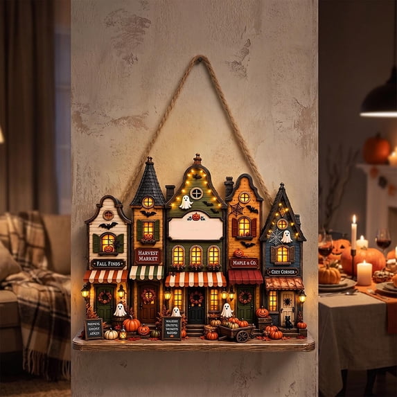 Lilixerw Halloween House Scene Decoration, Spooky Town Building Welcome Sign with Ghost and Pumpkin Accent, for Entryway, Porch and Wall Display, 7.87x6.37 inch