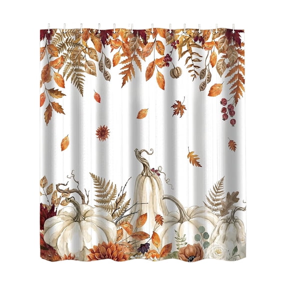 Lilixerw Halloween Shower Curtain, Cream Pumpkin Maple Fern Fall Print, with 12 Hooks Included, for Tub Space and Bathroom Interior Decoration, 70.8x59 inch