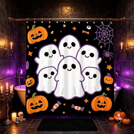 Lilixerw Halloween Shower Curtain Decoration, Cute Ghost Pumpkin Spider Printed Bath Curtain with 12 Hooks, for Bathroom, Shower Nook and Holiday Home Accent, 70.87x47.24 inch